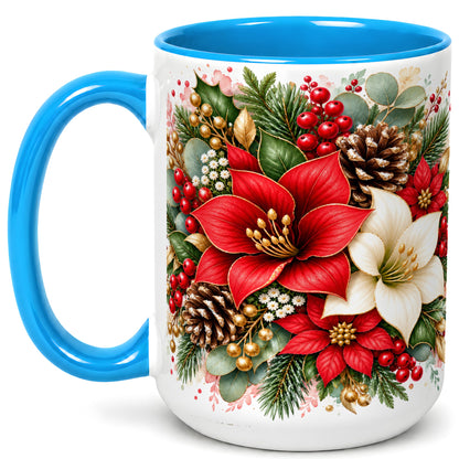 #pl[15oz|Blue] Christmas Poinsettia Coffee Mug, Red White Floral Mug, Ceramic Cup