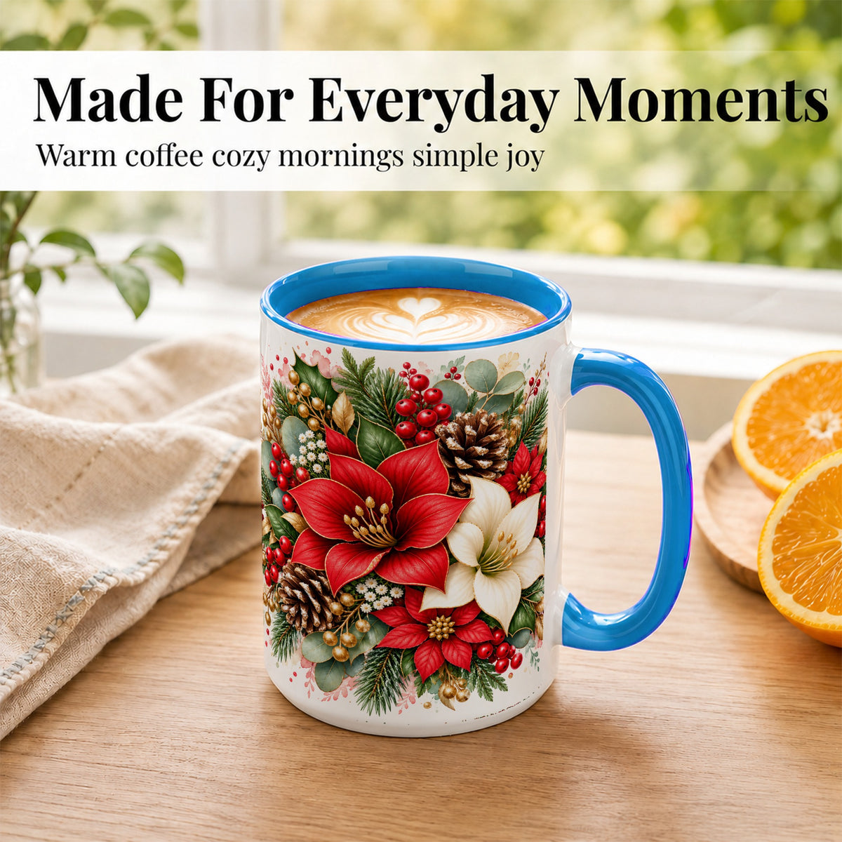 #pl[15oz|Blue] Christmas Poinsettia Coffee Mug, Red White Floral Mug, Ceramic Cup