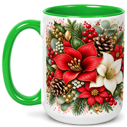 #pl[15oz|Green] Christmas Poinsettia Coffee Mug, Red White Floral Mug, Ceramic Cup