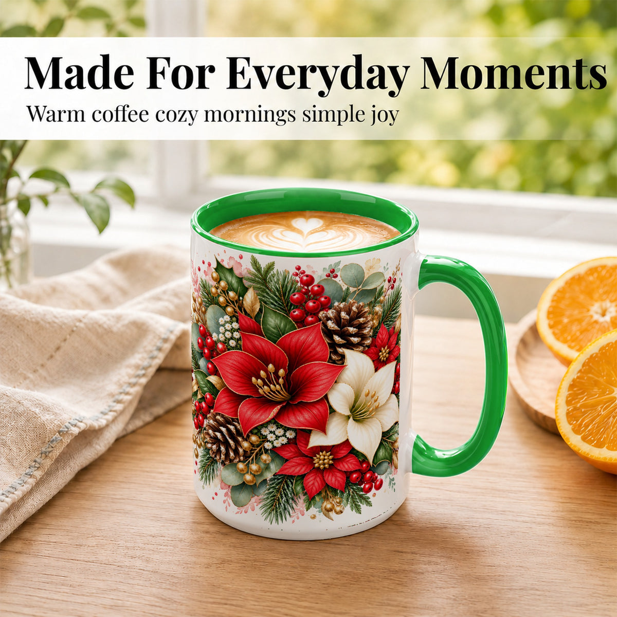 #pl[15oz|Green] Christmas Poinsettia Coffee Mug, Red White Floral Mug, Ceramic Cup