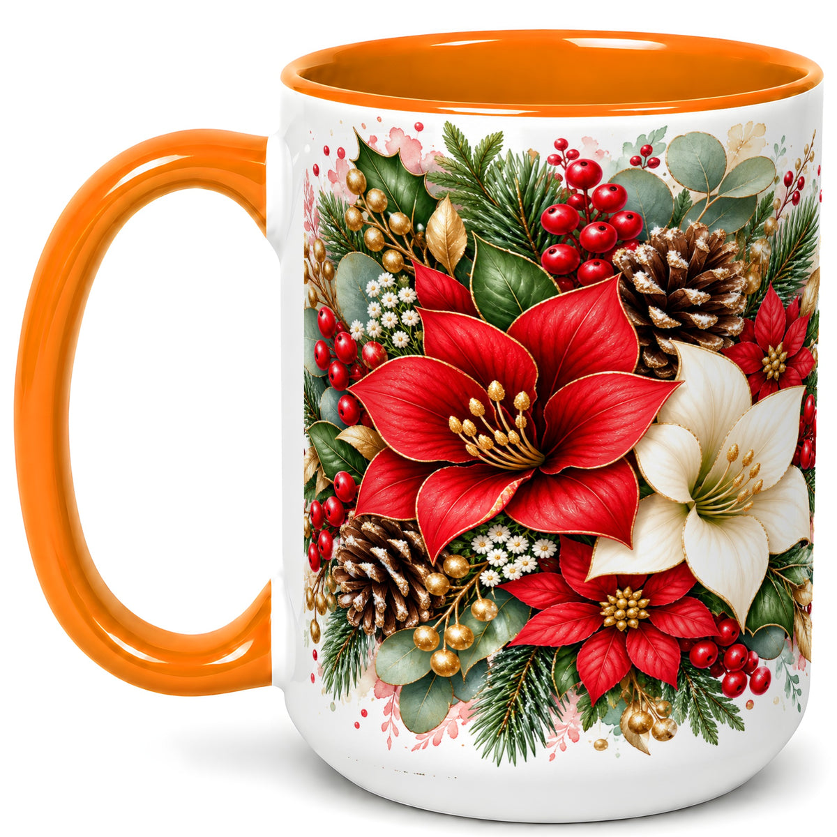 #pl[15oz|Orange] Christmas Poinsettia Coffee Mug, Red White Floral Mug, Ceramic Cup