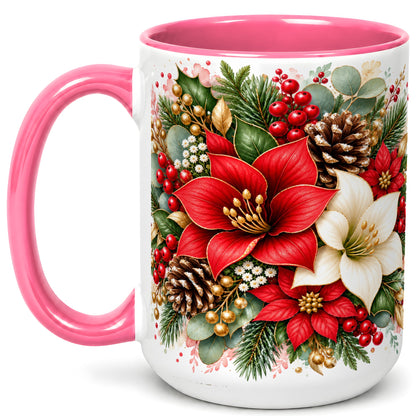 #pl[15oz|Pink] Christmas Poinsettia Coffee Mug, Red White Floral Mug, Ceramic Cup