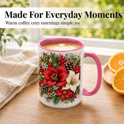 #pl[15oz|Pink] Christmas Poinsettia Coffee Mug, Red White Floral Mug, Ceramic Cup