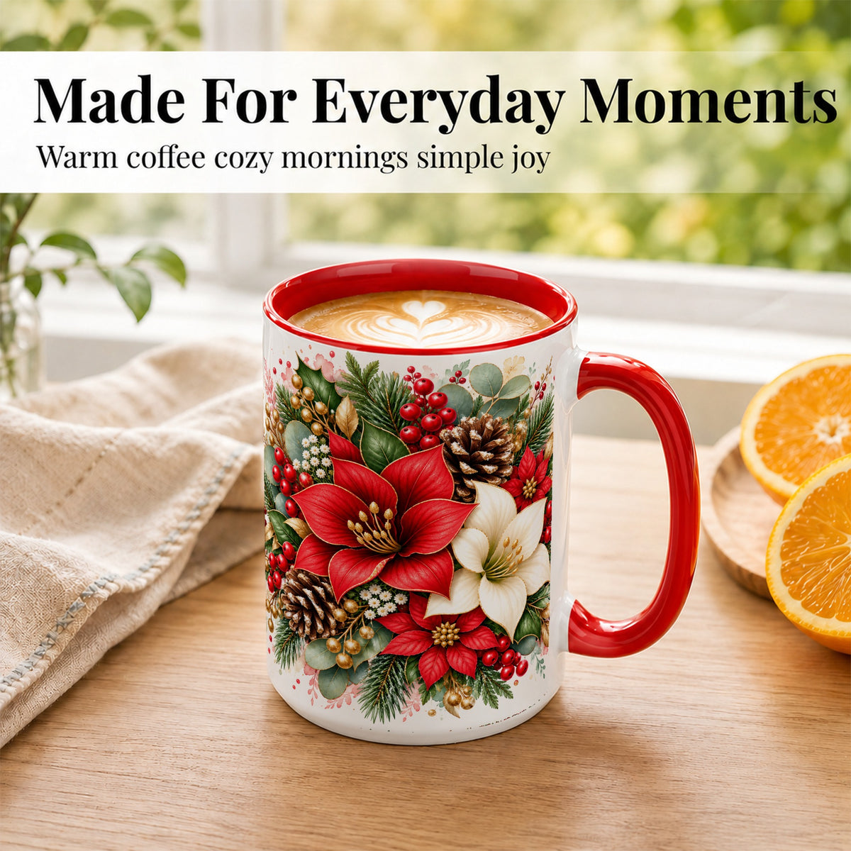 #pl[15oz|Red] Christmas Poinsettia Coffee Mug, Red White Floral Mug, Ceramic Cup