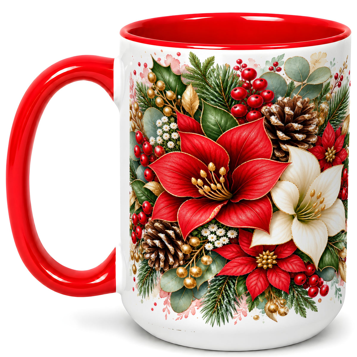 #pl[15oz|Red] Christmas Poinsettia Coffee Mug, Red White Floral Mug, Ceramic Cup