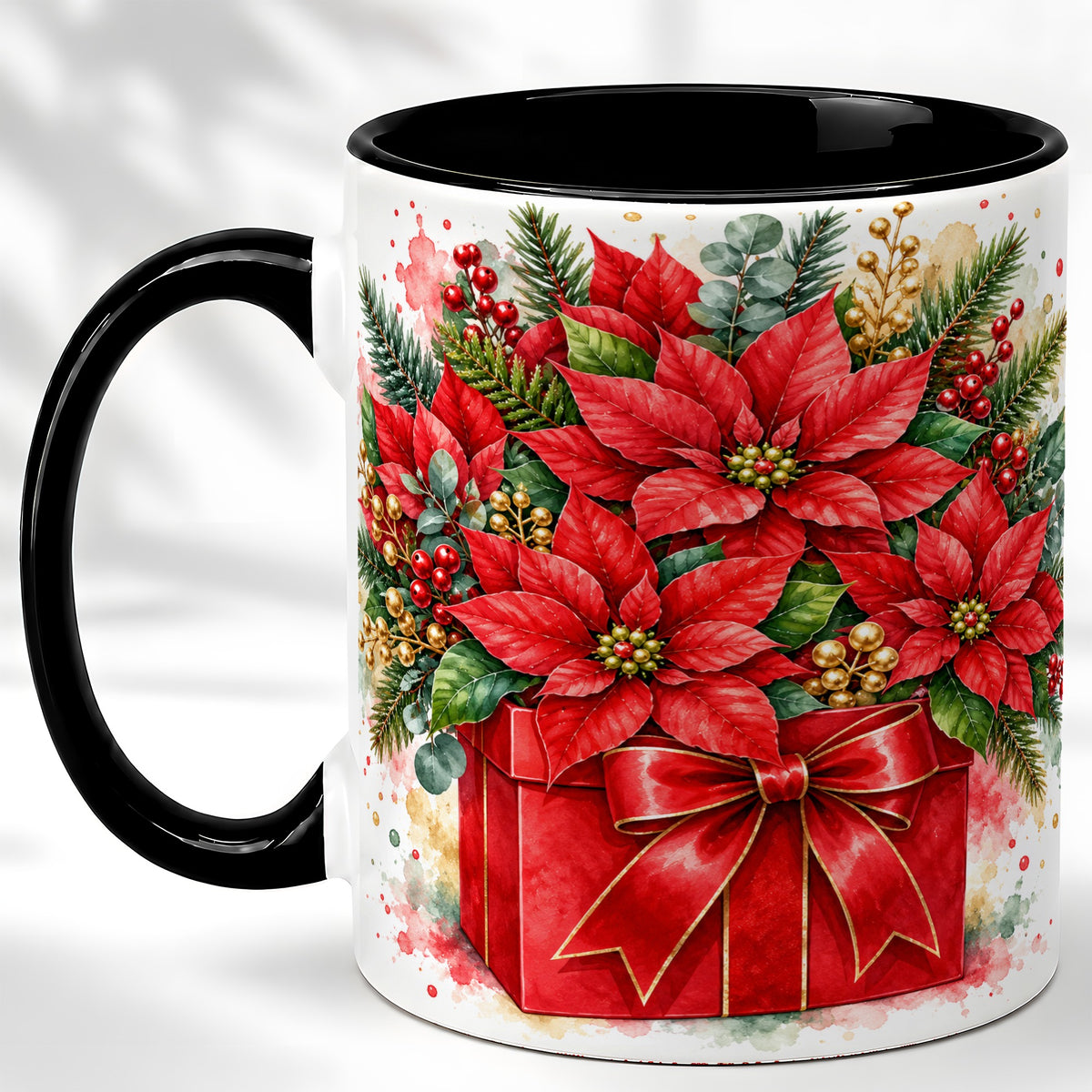#pl[11oz|Black] Poinsettia Bouquet Coffee Mug, Christmas Floral Mug, Ceramic Cup