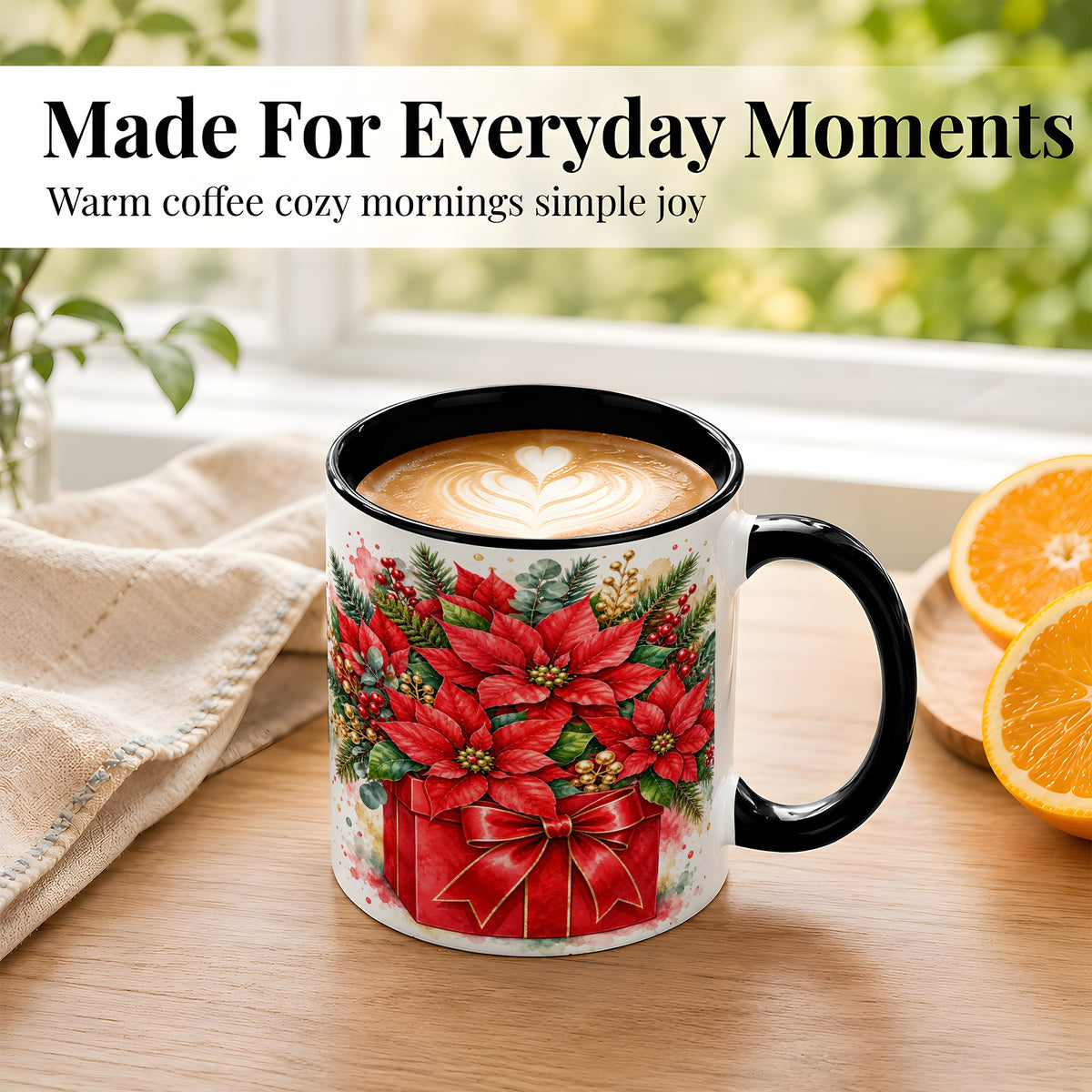 #pl[11oz|Black] Poinsettia Bouquet Coffee Mug, Christmas Floral Mug, Ceramic Cup