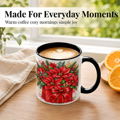 #pl[11oz|Black] Poinsettia Bouquet Coffee Mug, Christmas Floral Mug, Ceramic Cup