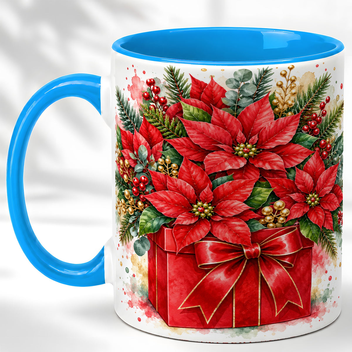 #pl[11oz|Blue] Poinsettia Bouquet Coffee Mug, Christmas Floral Mug, Ceramic Cup