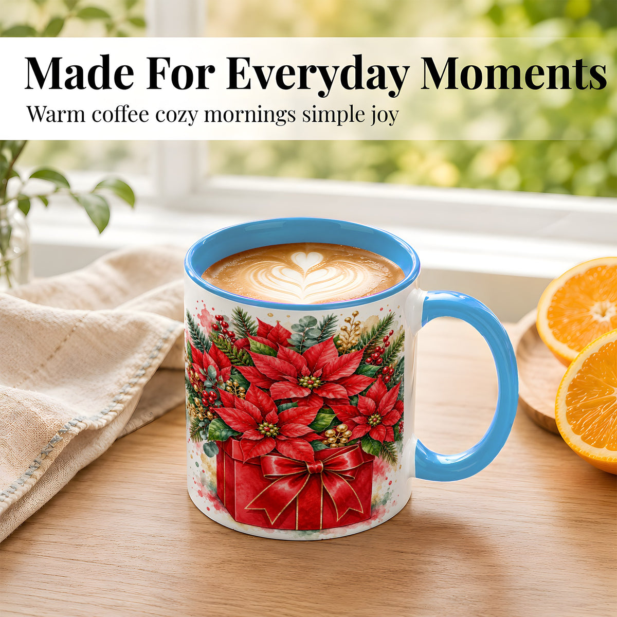 #pl[11oz|Blue] Poinsettia Bouquet Coffee Mug, Christmas Floral Mug, Ceramic Cup