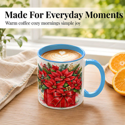 #pl[11oz|Blue] Poinsettia Bouquet Coffee Mug, Christmas Floral Mug, Ceramic Cup