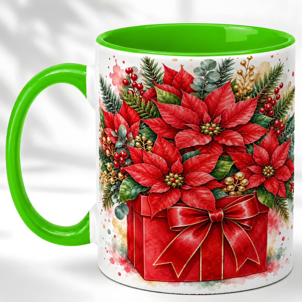 #pl[11oz|Green] Poinsettia Bouquet Coffee Mug, Christmas Floral Mug, Ceramic Cup