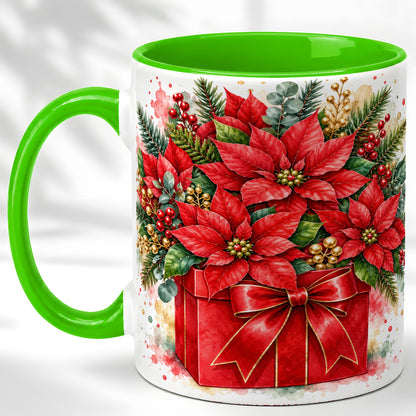 #pl[11oz|Green] Poinsettia Bouquet Coffee Mug, Christmas Floral Mug, Ceramic Cup