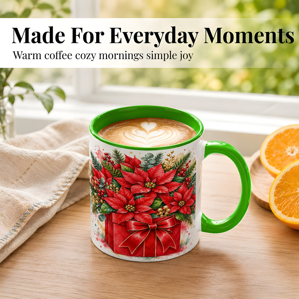 #pl[11oz|Green] Poinsettia Bouquet Coffee Mug, Christmas Floral Mug, Ceramic Cup