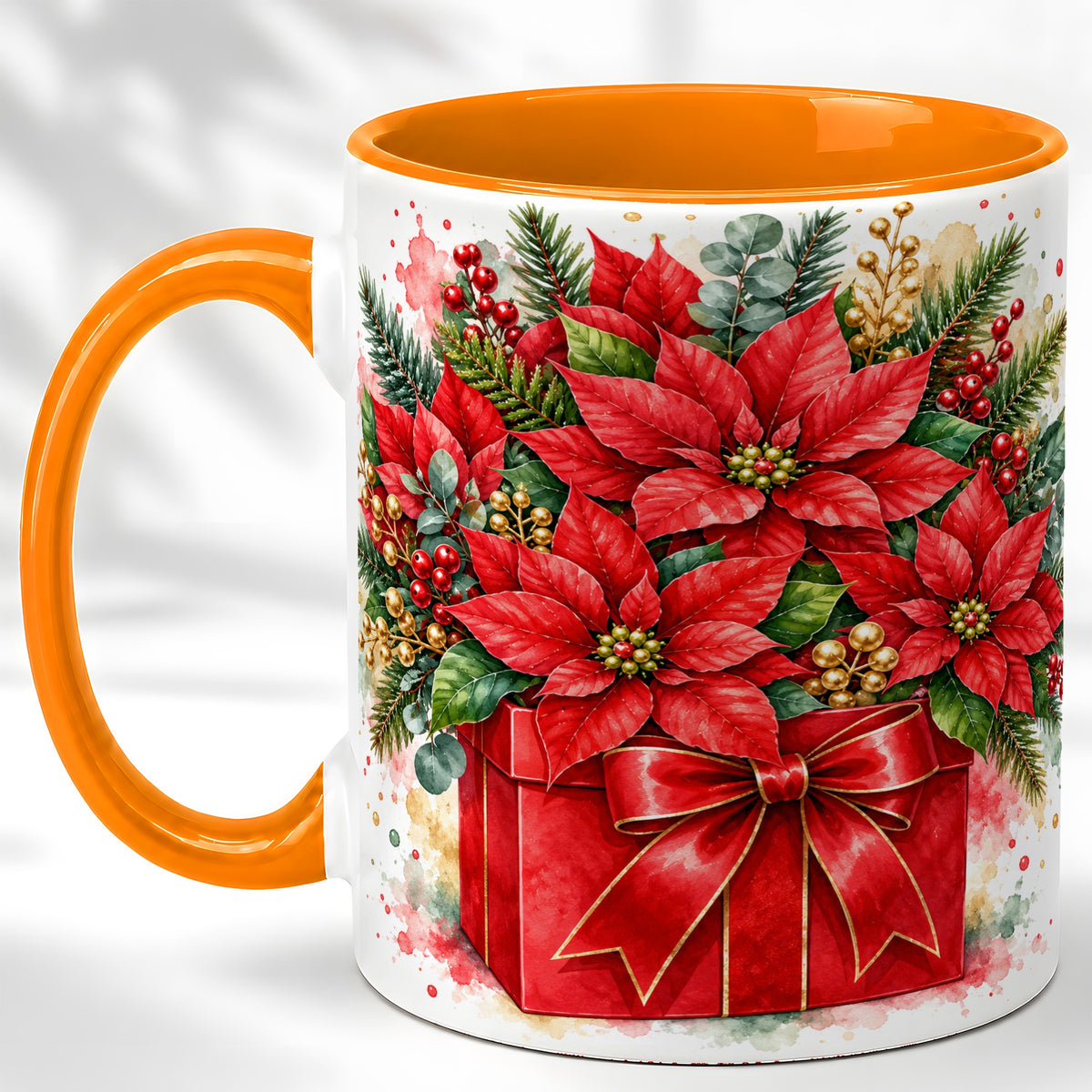 #pl[11oz|Orange] Poinsettia Bouquet Coffee Mug, Christmas Floral Mug, Ceramic Cup