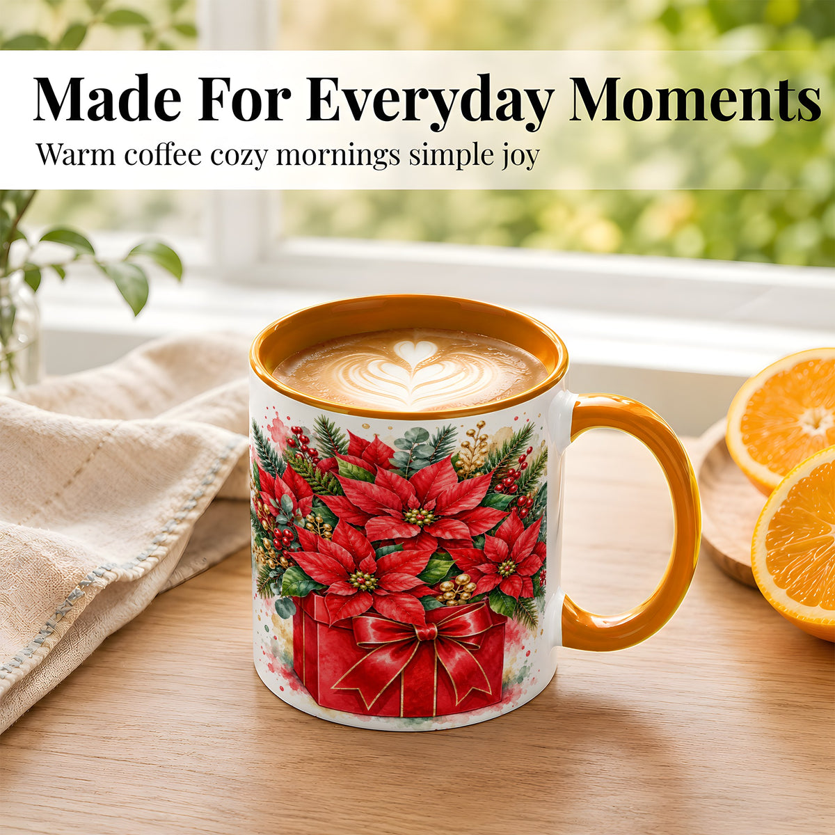 #pl[11oz|Orange] Poinsettia Bouquet Coffee Mug, Christmas Floral Mug, Ceramic Cup
