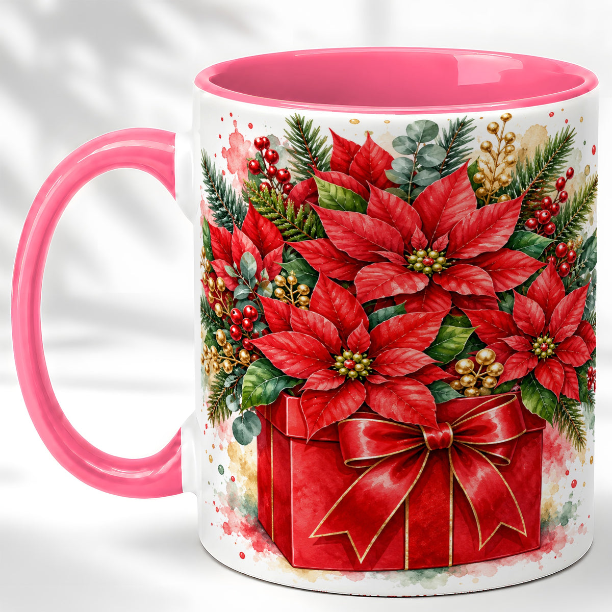 #pl[11oz|Pink] Poinsettia Bouquet Coffee Mug, Christmas Floral Mug, Ceramic Cup