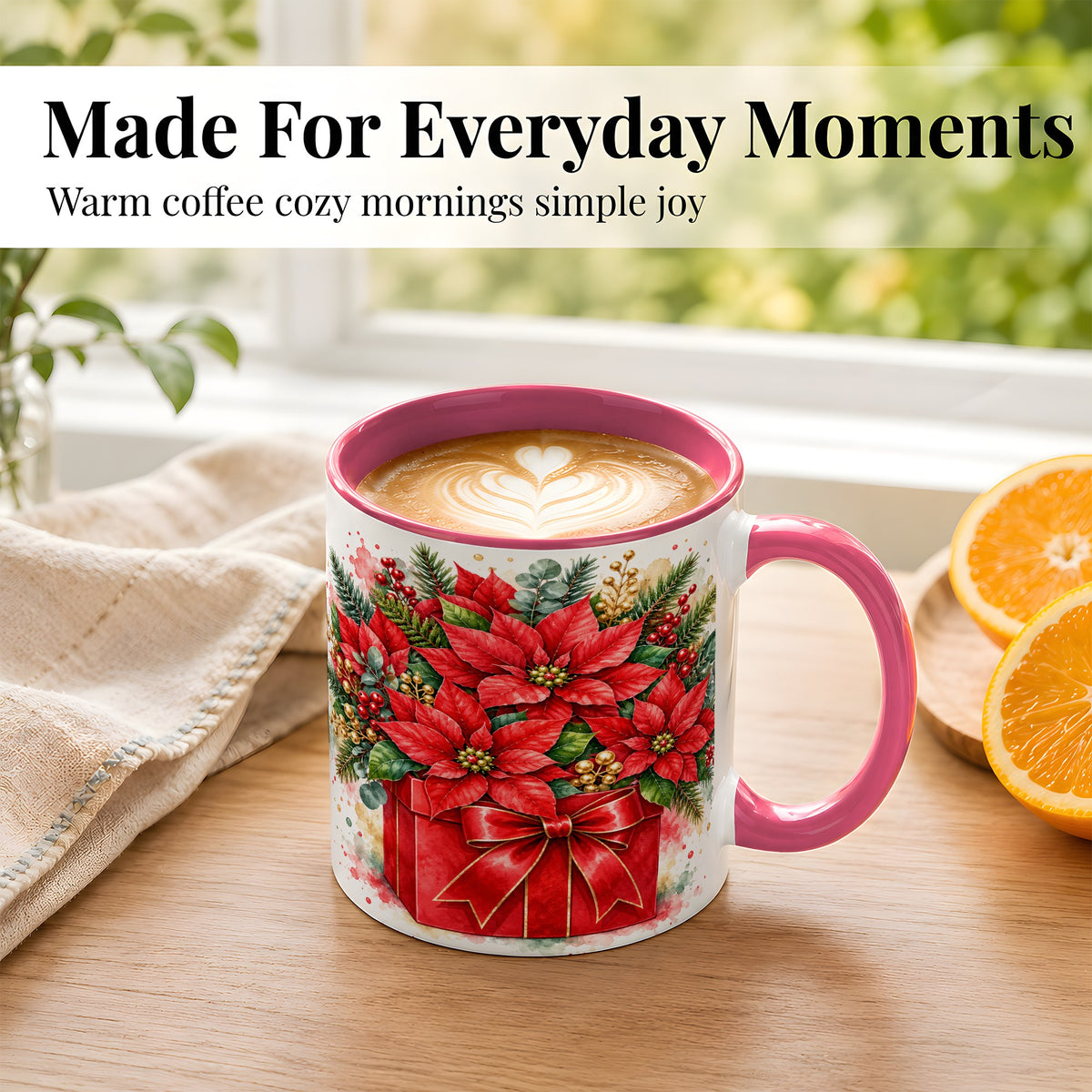 #pl[11oz|Pink] Poinsettia Bouquet Coffee Mug, Christmas Floral Mug, Ceramic Cup