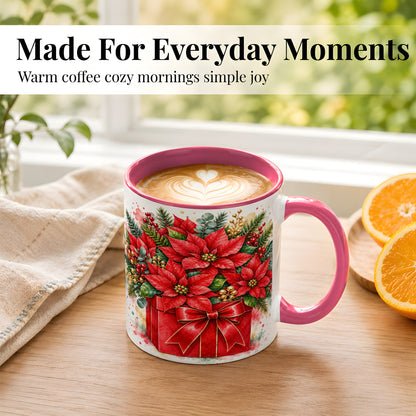 #pl[11oz|Pink] Poinsettia Bouquet Coffee Mug, Christmas Floral Mug, Ceramic Cup