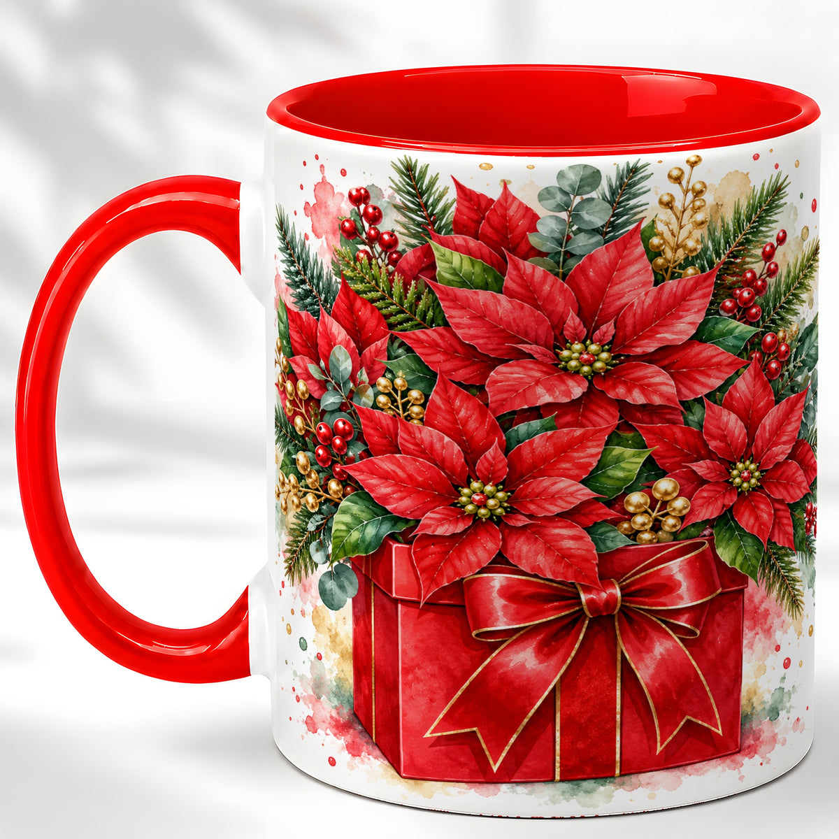 Poinsettia Bouquet Coffee Mug, Christmas Floral Mug, Ceramic Cup