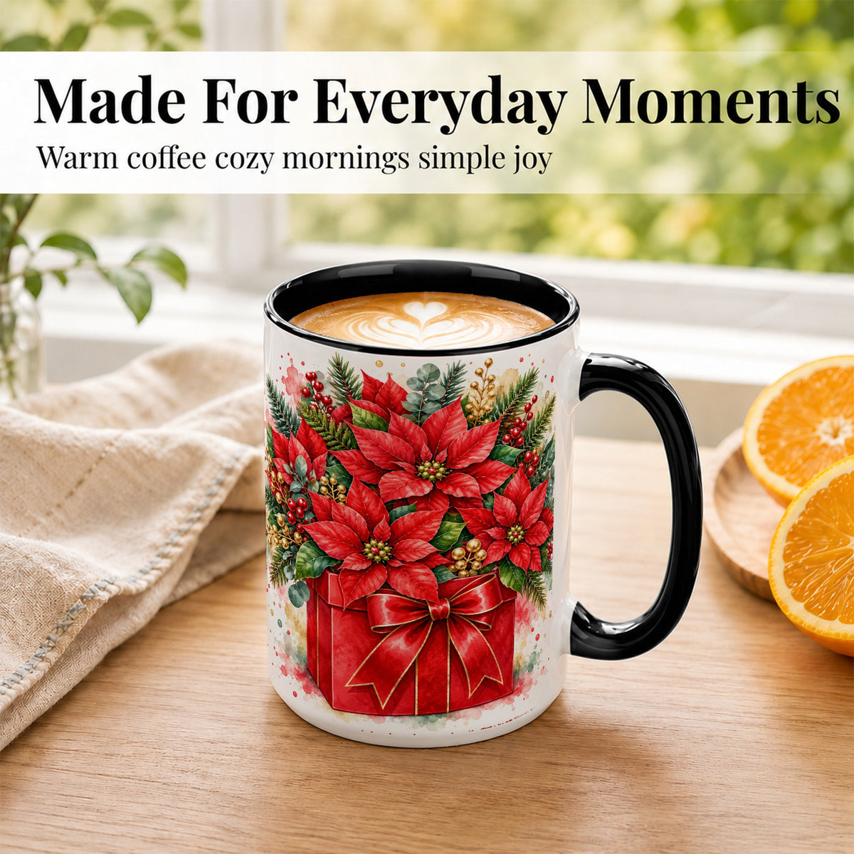 #pl[15oz|Black] Poinsettia Bouquet Coffee Mug, Christmas Floral Mug, Ceramic Cup