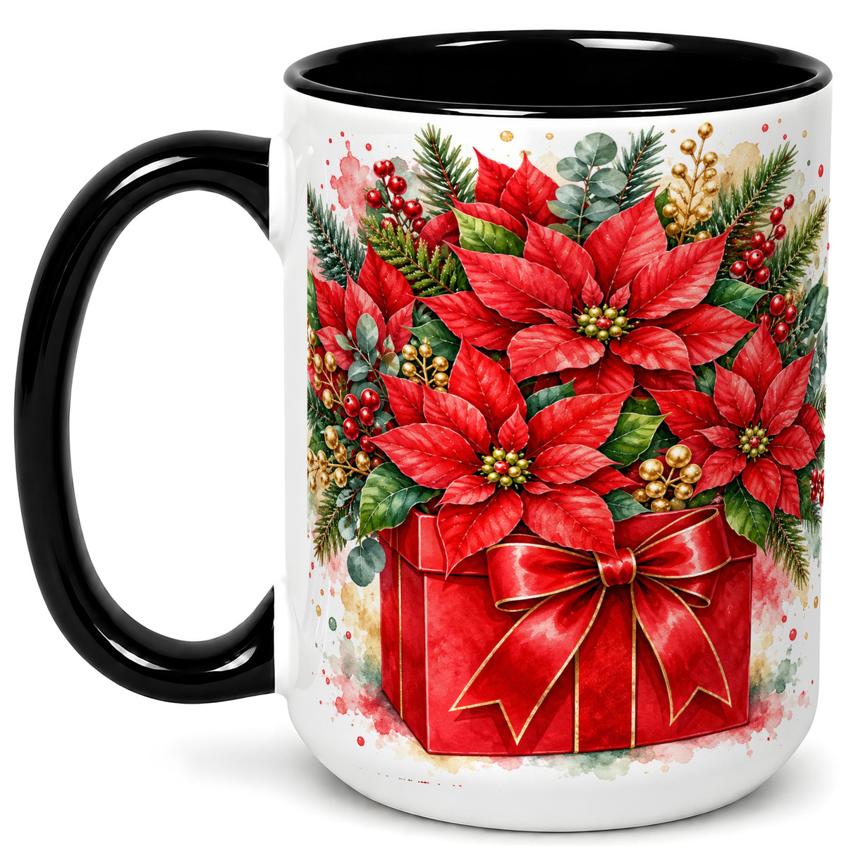 #pl[15oz|Black] Poinsettia Bouquet Coffee Mug, Christmas Floral Mug, Ceramic Cup