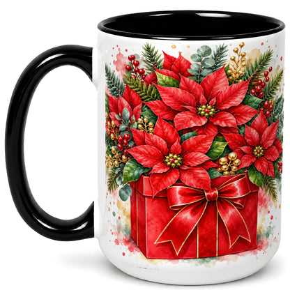 #pl[15oz|Black] Poinsettia Bouquet Coffee Mug, Christmas Floral Mug, Ceramic Cup