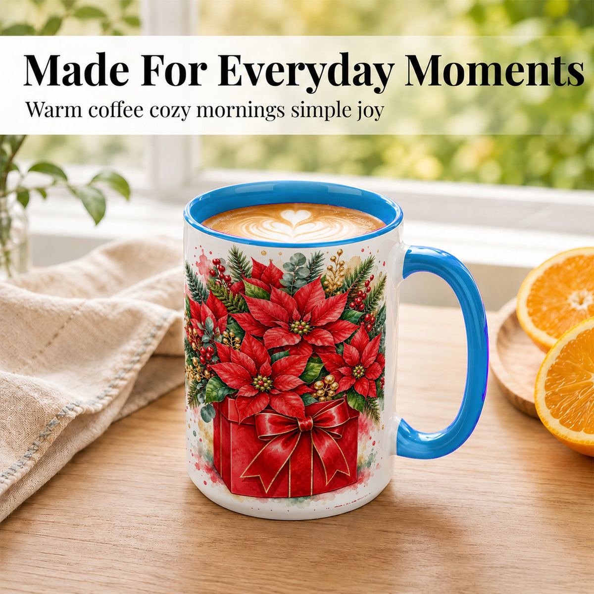#pl[15oz|Blue] Poinsettia Bouquet Coffee Mug, Christmas Floral Mug, Ceramic Cup