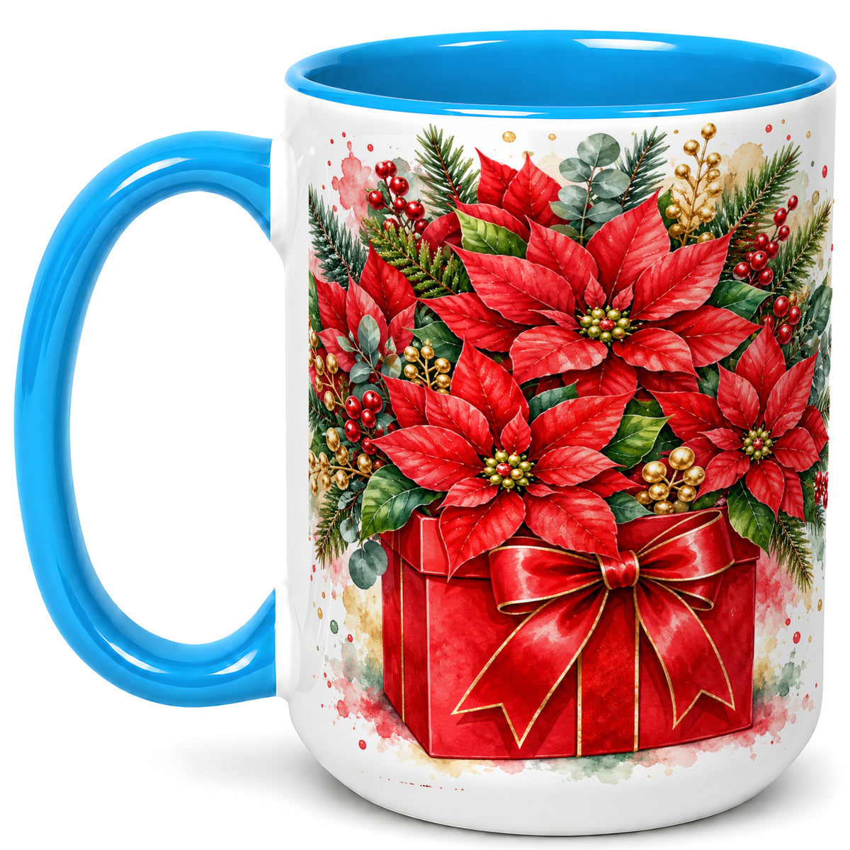 #pl[15oz|Blue] Poinsettia Bouquet Coffee Mug, Christmas Floral Mug, Ceramic Cup
