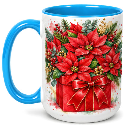 #pl[15oz|Blue] Poinsettia Bouquet Coffee Mug, Christmas Floral Mug, Ceramic Cup