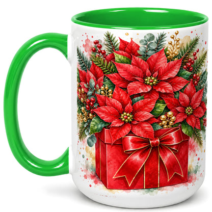 #pl[15oz|Green] Poinsettia Bouquet Coffee Mug, Christmas Floral Mug, Ceramic Cup