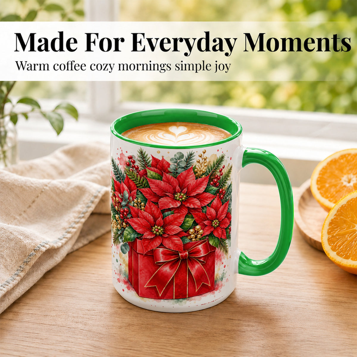 #pl[15oz|Green] Poinsettia Bouquet Coffee Mug, Christmas Floral Mug, Ceramic Cup