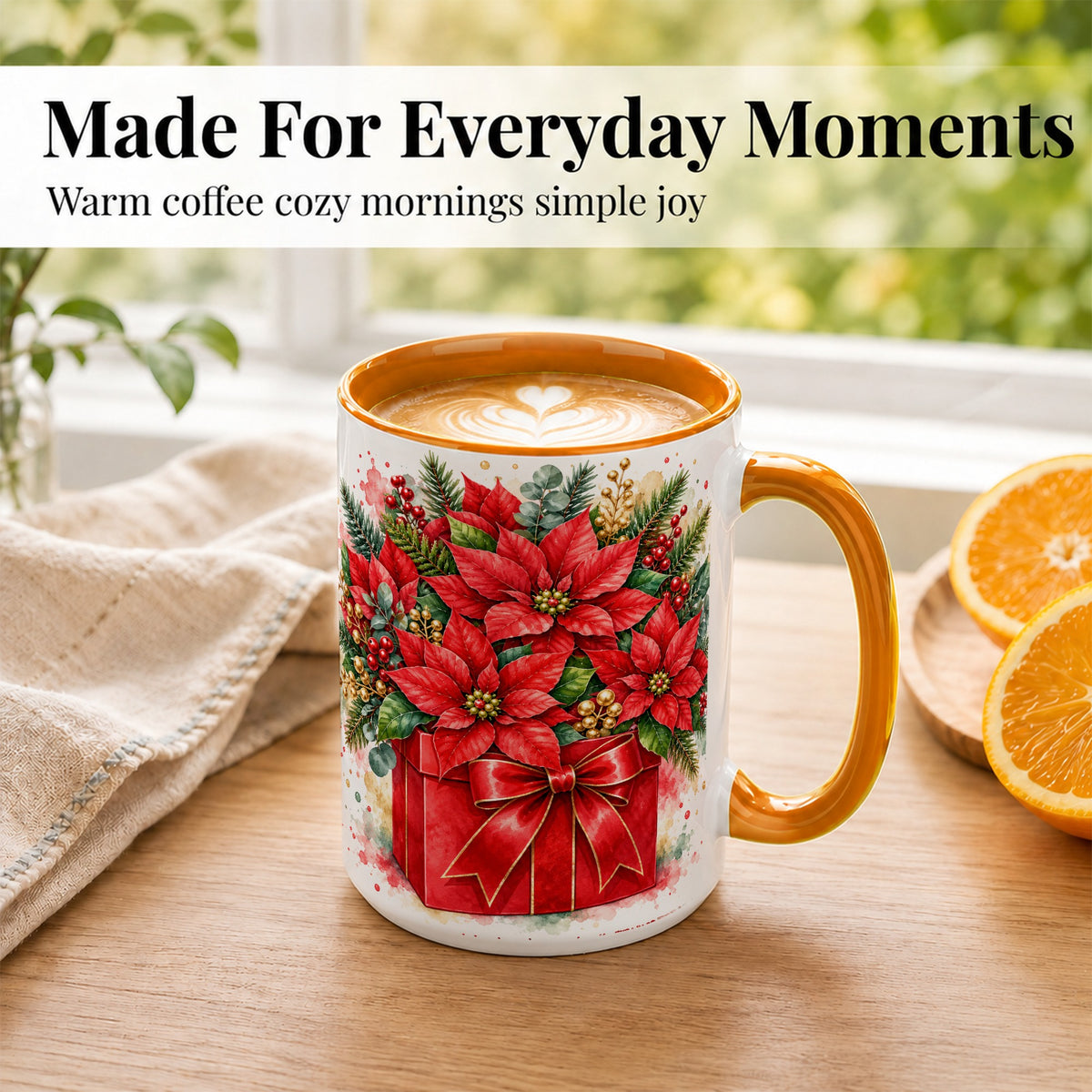 #pl[15oz|Orange] Poinsettia Bouquet Coffee Mug, Christmas Floral Mug, Ceramic Cup