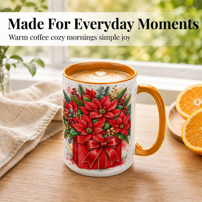 #pl[15oz|Orange] Poinsettia Bouquet Coffee Mug, Christmas Floral Mug, Ceramic Cup