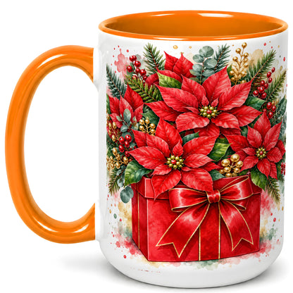 #pl[15oz|Orange] Poinsettia Bouquet Coffee Mug, Christmas Floral Mug, Ceramic Cup