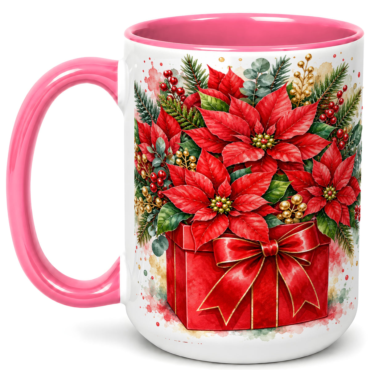 #pl[15oz|Pink] Poinsettia Bouquet Coffee Mug, Christmas Floral Mug, Ceramic Cup
