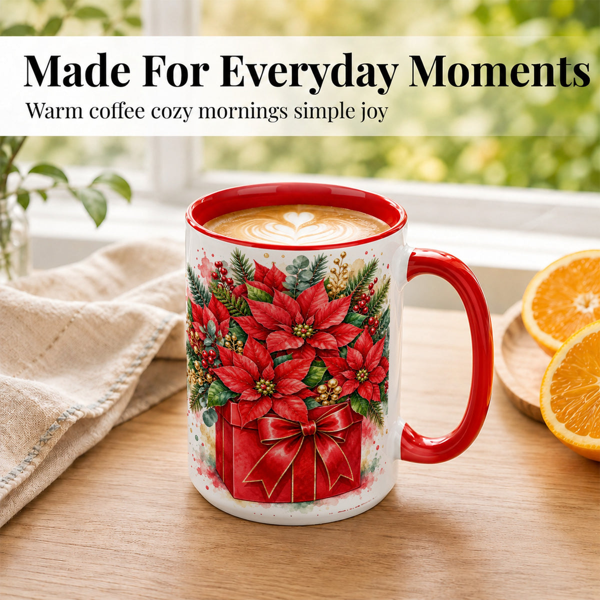 #pl[15oz|Red] Poinsettia Bouquet Coffee Mug, Christmas Floral Mug, Ceramic Cup