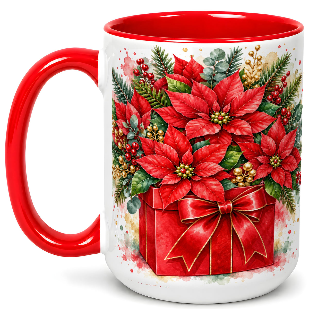#pl[15oz|Red] Poinsettia Bouquet Coffee Mug, Christmas Floral Mug, Ceramic Cup