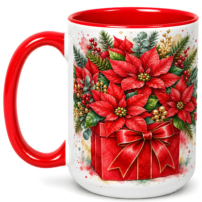 #pl[15oz|Red] Poinsettia Bouquet Coffee Mug, Christmas Floral Mug, Ceramic Cup