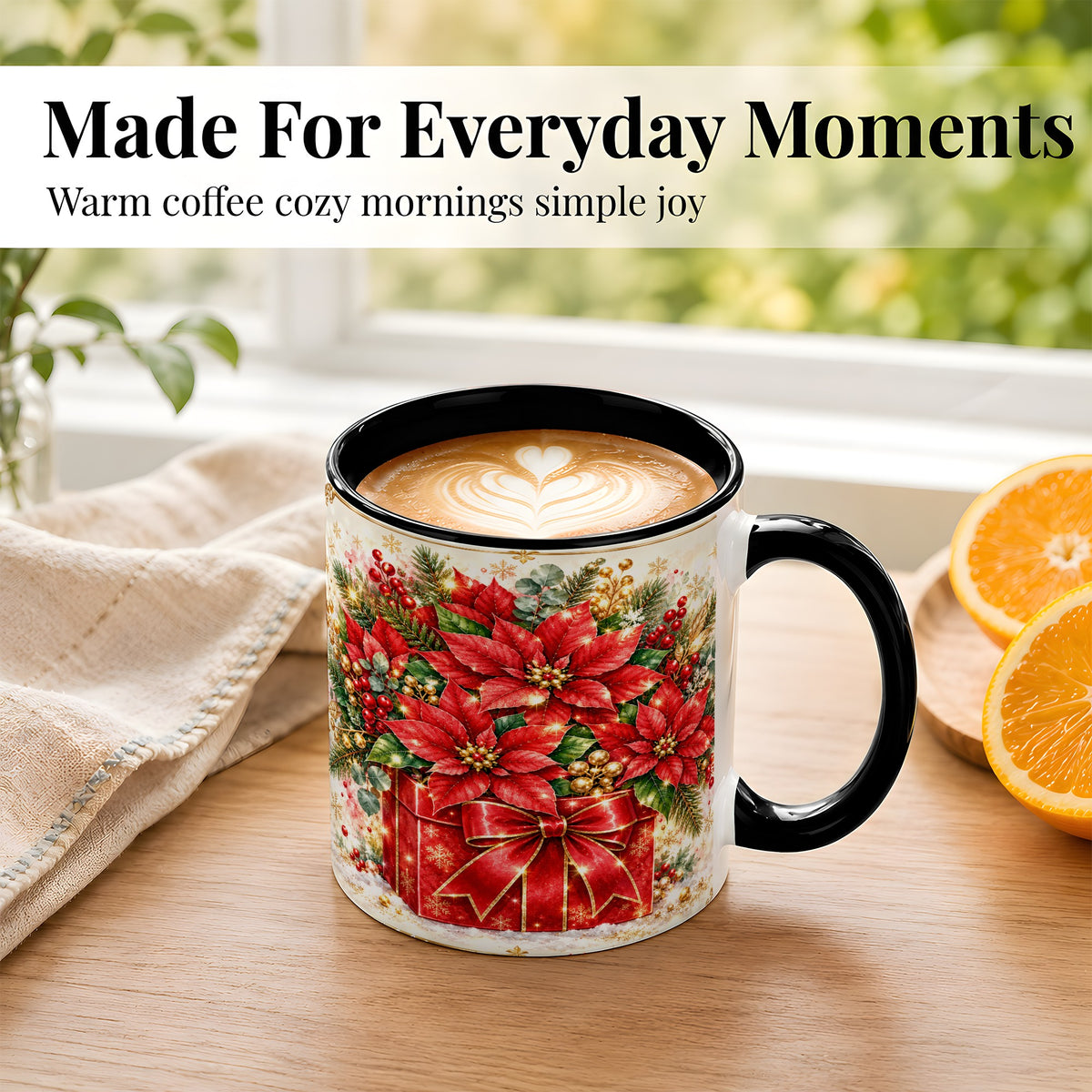 #pl[11oz|Black] Christmas Poinsettia Coffee Mug, Red Floral Mug, Ceramic Cup