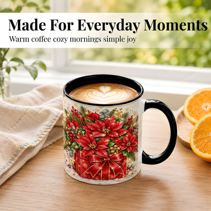 #pl[11oz|Black] Christmas Poinsettia Coffee Mug, Red Floral Mug, Ceramic Cup