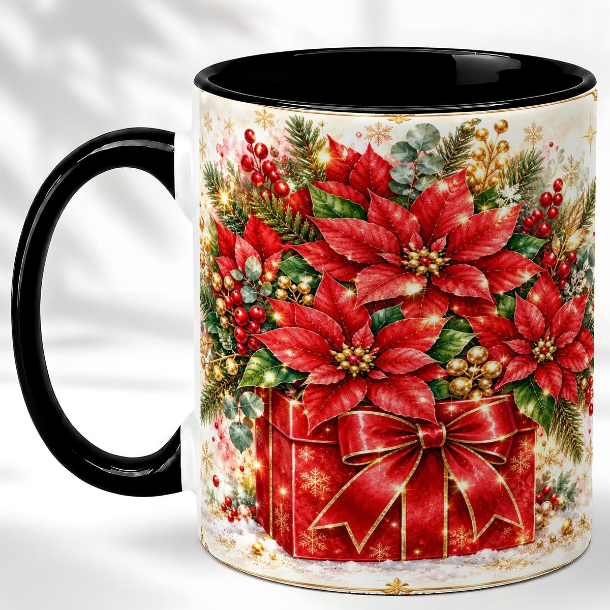 #pl[11oz|Black] Christmas Poinsettia Coffee Mug, Red Floral Mug, Ceramic Cup