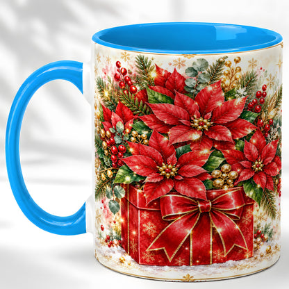 #pl[11oz|Blue] Christmas Poinsettia Coffee Mug, Red Floral Mug, Ceramic Cup