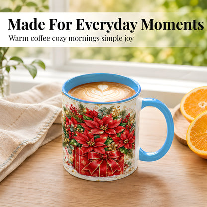 #pl[11oz|Blue] Christmas Poinsettia Coffee Mug, Red Floral Mug, Ceramic Cup