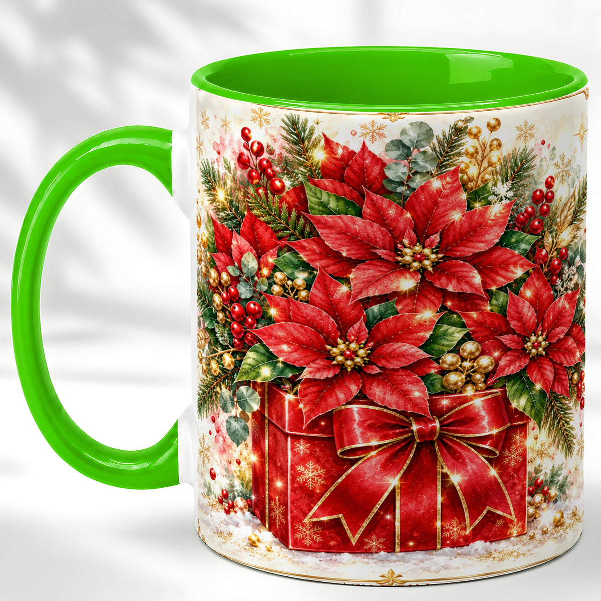 #pl[11oz|Green] Christmas Poinsettia Coffee Mug, Red Floral Mug, Ceramic Cup