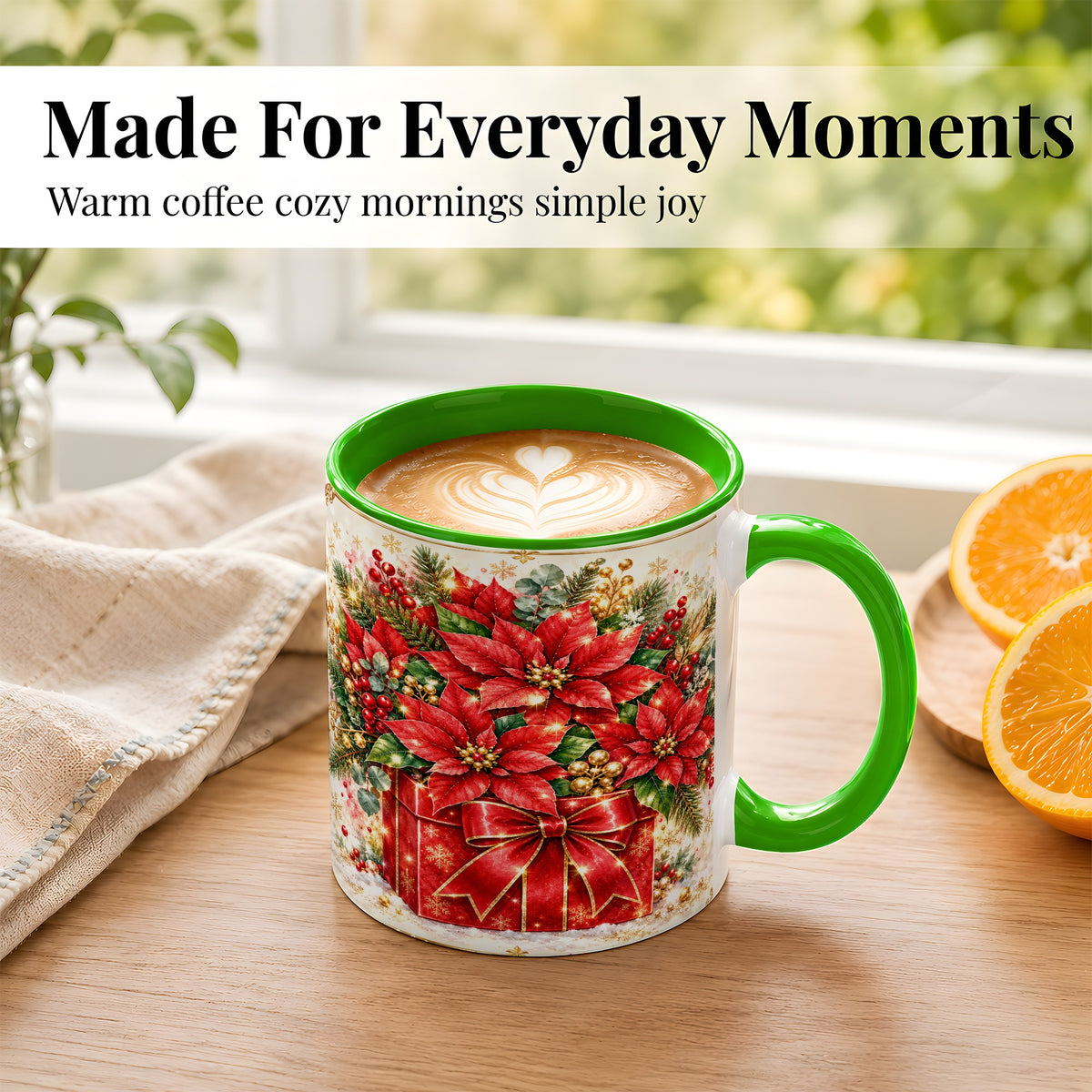 #pl[11oz|Green] Christmas Poinsettia Coffee Mug, Red Floral Mug, Ceramic Cup