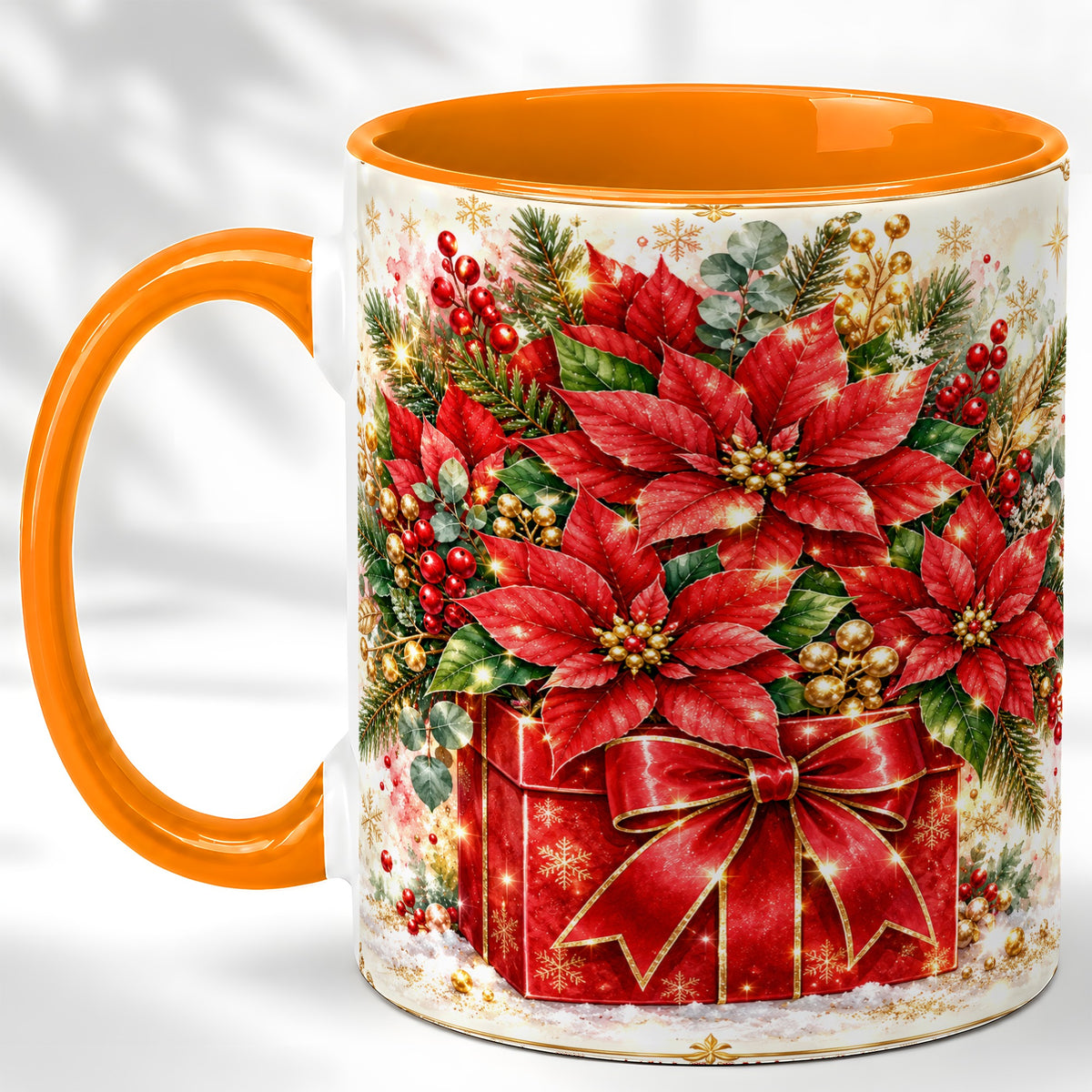 #pl[11oz|Orange] Christmas Poinsettia Coffee Mug, Red Floral Mug, Ceramic Cup