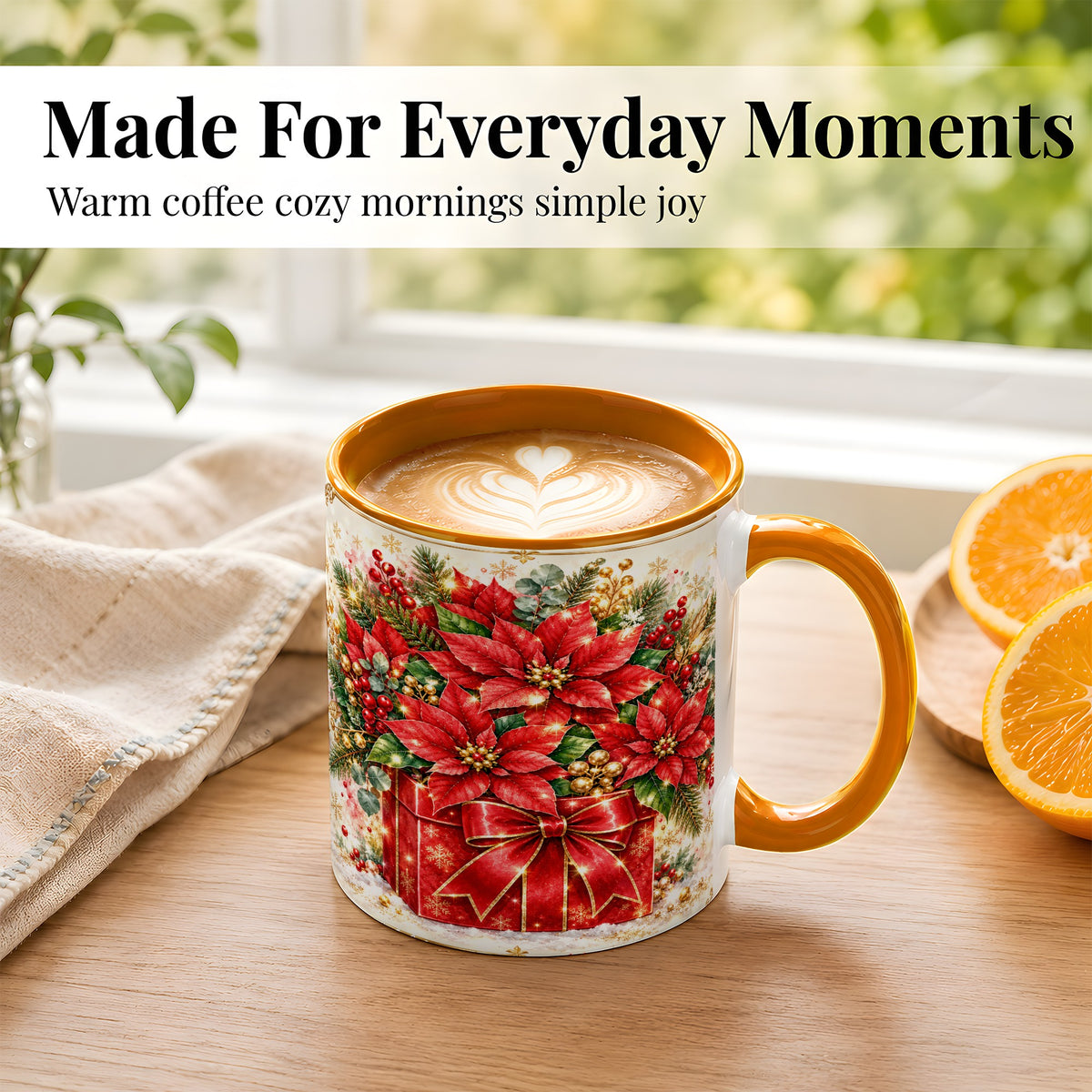 #pl[11oz|Orange] Christmas Poinsettia Coffee Mug, Red Floral Mug, Ceramic Cup