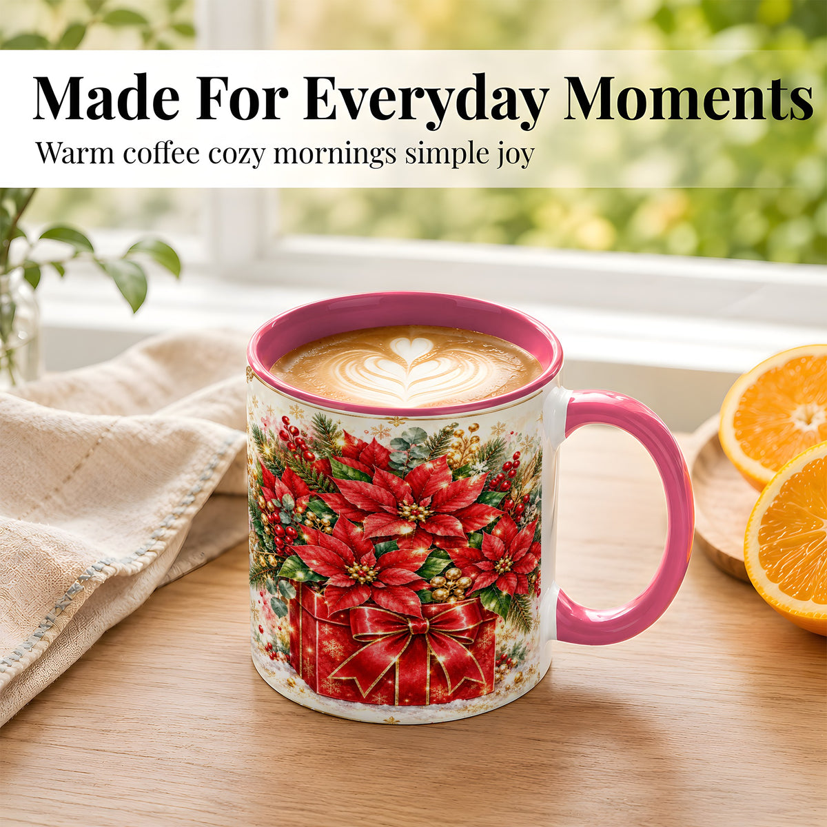 #pl[11oz|Pink] Christmas Poinsettia Coffee Mug, Red Floral Mug, Ceramic Cup
