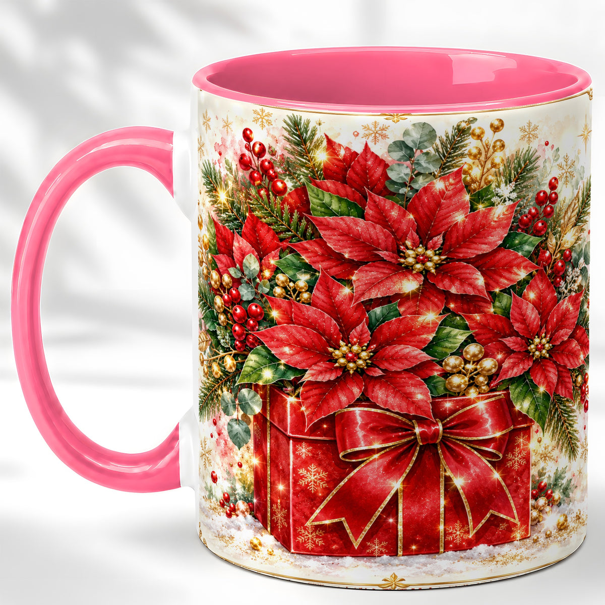 #pl[11oz|Pink] Christmas Poinsettia Coffee Mug, Red Floral Mug, Ceramic Cup